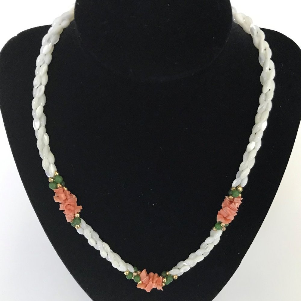SET - Coral, Mother of Pearl & Jadeite Necklace & Bracelet